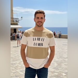 Zara Men Mediterranean Graphic Tee Sand White Striped Size S Summer Essential